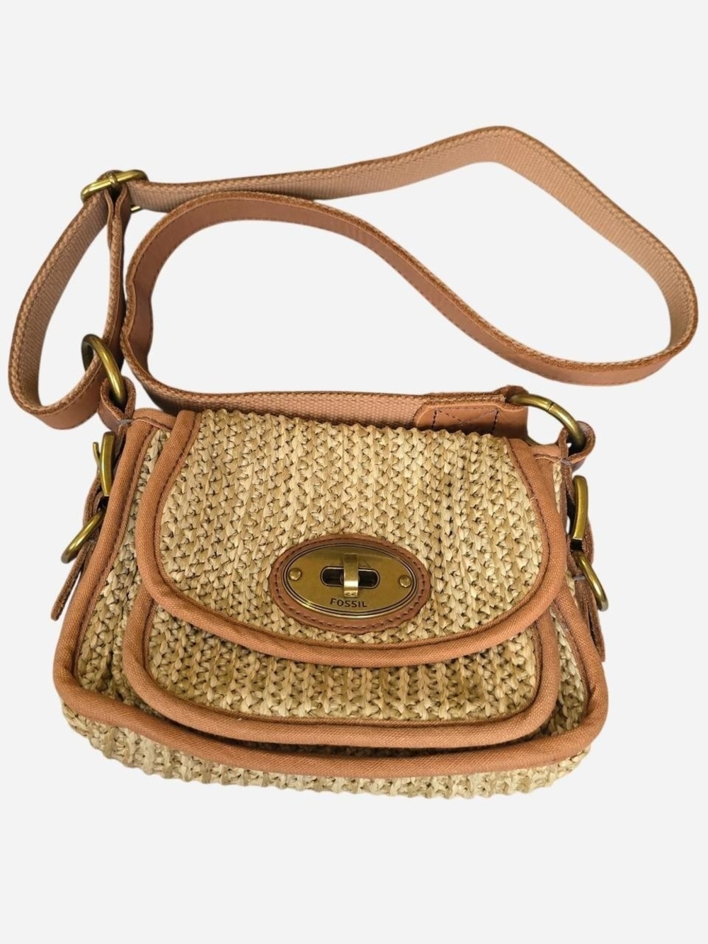 Fossil Straw Crossbody with Tan Trim and Gold Hardware